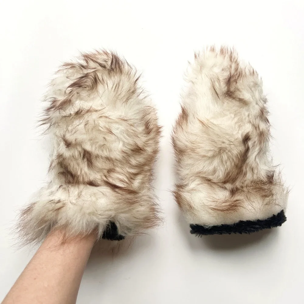 Vintage Genuine Fur Leather Mittens Shearling Sheepskin Cozy Winter Gloves